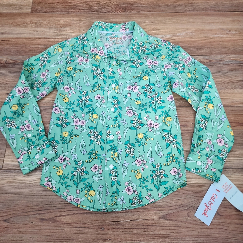 Cat & Jack Long Sleeve Button-Down Shirt Boys S Green Floral